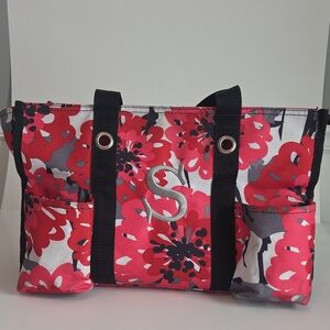 Thirty-One Pink Floral Tote with Black Straps With Monagram "S"
